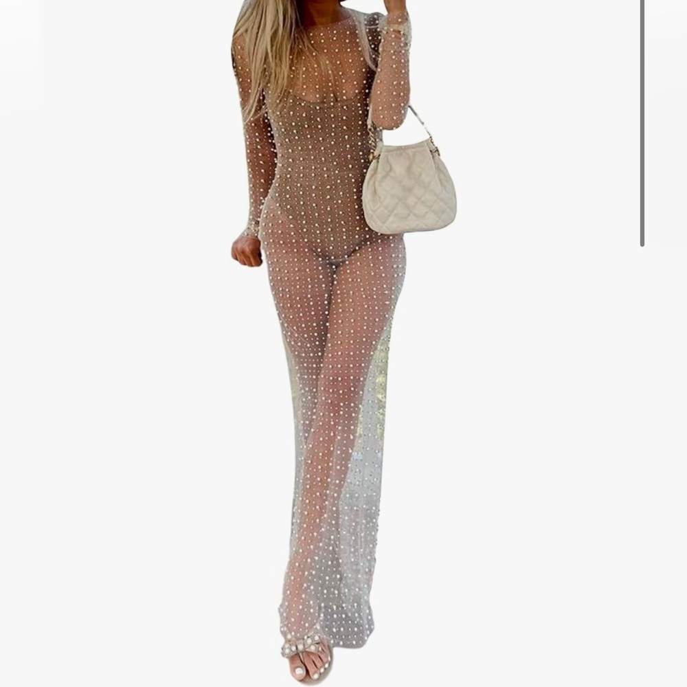Sexy Women's Sheer Mesh Pearl Rhinestone Cover Up Dress